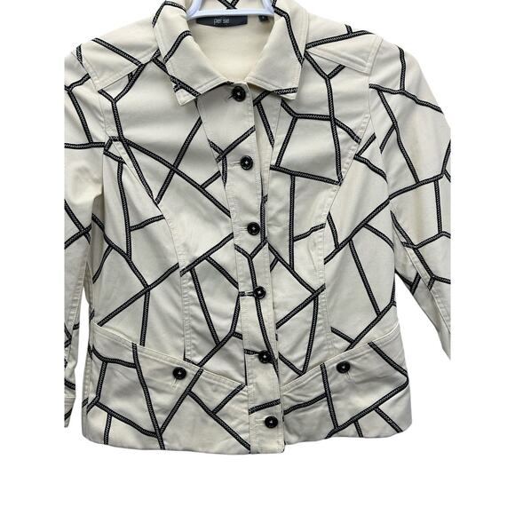 Perse Abstract Print Jacket Ivory Black Button Down 3/4 Sleeve Blazer Size 8 - Picture 6 of 16